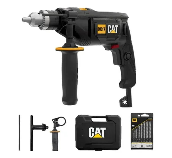 Taladro de impacto Caterpillar 750w con maletín y set de mechas